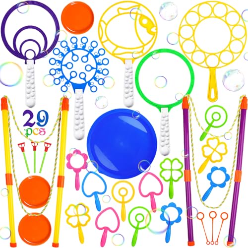 Purpledi Seifenblasen Set, 29 Stück Seifenblasen Spielzeug Riesenseifenblasen Kinder und Erwachsene, mit 2 Seifenblasen Stab Groß, für Outdoor Spiele, Kindergeburtstag, Partys, Hochzeit (A)