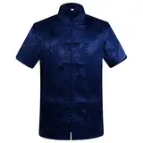 G-LIKE Chinesische Kleidung Drachen Jacke - Traditionelle Tangzhuang Kostüme Kampfkunst Kung Fu Tai Chi Qigong Kurze Ärmel Stehkragen Uniform für Männer Frauen (Blau, L)