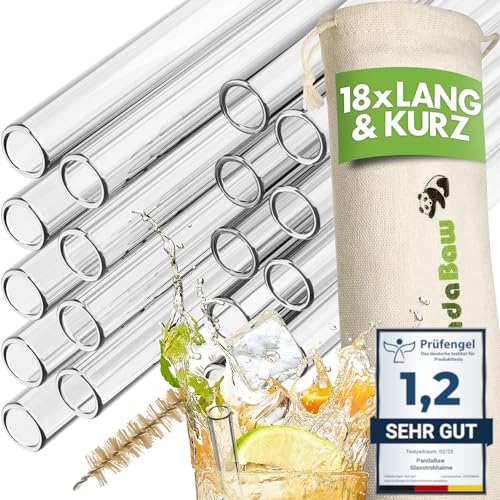 PandaBaw® Strohhalme Glas [BIG PACK mit REZEPTE] - 18x Glasstrohhalme Lang 21.5cm & Kurz 15cm - Trinkhalme Glas Strohhalm Wiederverwendbar - BPA freie Glashalme bruchsicher mit Beutel & Bürste