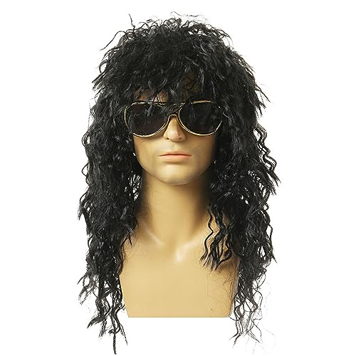 SKHAOVS 80er Rocker Perücke Schwarz Herren 80er Jahre Vokuhila Perücke Rocker Punk Popstar Perücke Disco Punk Männlich Kostüm Für Fasching Karneval Motto Party Und Cosplay (Schwarz)