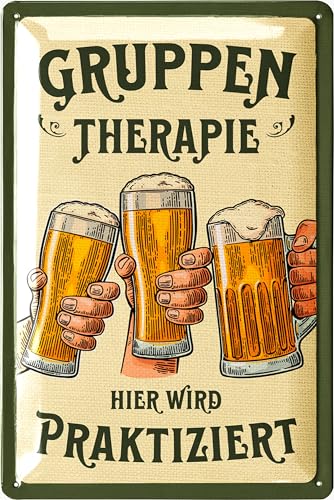 LANOLU Retro Blechschilder Bier - GRUPPENTHERAPIE Schild Bier - Bierschild - Kneipen, Partykeller, Irish pub, Tiki Bar Deko, Stammtisch Partyraum Deko - Vintage Metallschilder mit Sprüchen, 20x30cm