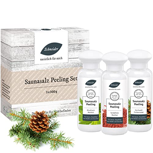 Saunabedarf Schneider - Saunasalz Peeling Set - 3 x 300 g Inhalt - Vorratspack, wohltuender Mix für Sauna und Dusche