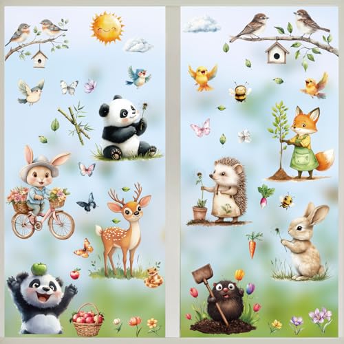 BETESSIN Fensterbilder Frühling Kinder - 9 Bögen Tiere Fensterbilder für Kinderzimmer - Statisch Haftende Fensteraufkleber Selbstklebend - Fensterdeko für Frühling, Sommer