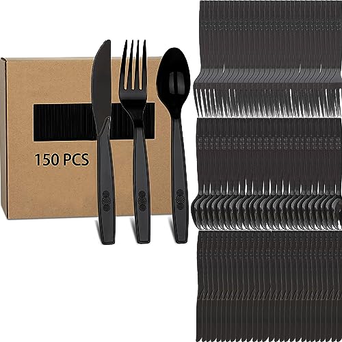 150 Wiederverwendbare plastikbesteck schwarz,plastik gabel,Plastikmesser Gabel Löffel Set,Plastikbesteck, party besteck,hartplastik besteck