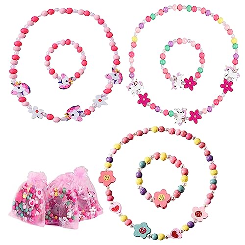 Zkaoai 6Stk Holz Kinder Schmuck Set, Mädchen Schmuck, Einhorn Perlen Halskette und Armband, Bunte Holz Schmuck Perlen für Geburtstags Kinder Mitgebsel, Prinzessin Mädchen Dress Up