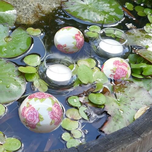 Storm's Gartenzaubereien Dekokugel - Schwimmkugel aus Keramik 3er Set mit Rosenmuster in rosa 2 Größen mit 2 Teelichtgläsern schwimmend als Teichdeko