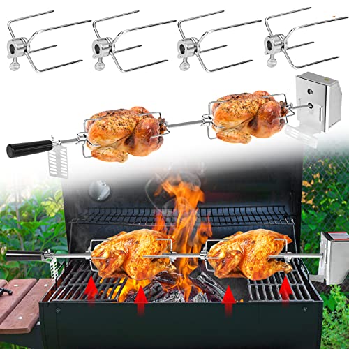 YRHome Drehspieß Grillspieß Set 107cm inkl. 4X Fleischnadeln und Edelstahl Motor 220V - 240V Elektrischer Drehspiess für BBQ Rotisserie Grillspiess Drehspiess Gasgrill