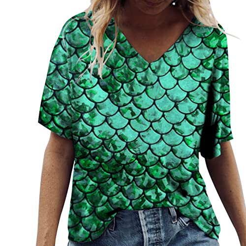 Meerjungfrau Kostüm Damen T-Shirt Mit Aufdruck Fischschuppen Rundhals Metallic Oberteil Sommershirt Kurzarmshirt Blusenshirt Top Hemd Karnevalskostüme Abba Kostüm Hippie Festivals Disco Outfit