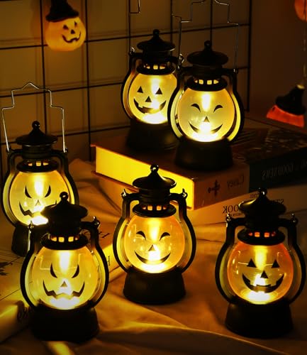 Vintage Kürbis laterne, Kürbis Licht 6 Stk, Tragbare Kürbis Led, Kürbis laternen mit verschiedenen Ausdrücken, Halloween Deko Kürbis Beleuchtet, Outdoor Garten, Hausdekoration