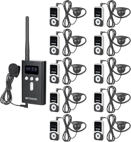 Retekess T130S (T130 2rd) Kabelloses Tour Guide System, Drahtloses Reiseleitersystem, D-Kopfhörer, 100m, Dolmetscherausrüstung für Tourismus, Werksführungen, Schule (1 Sender, 10 Empfänger)