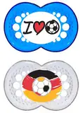 MAM Original Silikon Schnuller „Football“-Kollektion im 2er-Set, zahnfreundlicher Schnuller, Baby Schnuller aus speziellem MAM SkinSoft Silikon mit Schnullerbox, 16+ Monate, blau