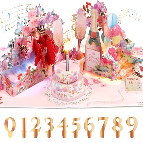 Musik-Geburtstagskarte, Geburtstagskarte mit Musik & Licht für Frau, 3D Champagner Pop-Up Karte Geburtstag Geschenke für Mädchen und Frauen, Frau, Freundin, Mutter, Damen