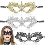 NISENTIA 3 Stück Maskenball Damen, Venezianische Maske Damen Gesicht Verkleidung Sexy Masken Kostüm für Frauen Masquerade Mask für Halloween Karneval Abendkleid Tanz Ball Party Schwarz Gold Silber