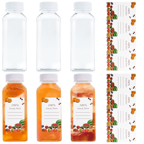 6 Stück 350ml Saftflaschen zum Befüllen, Wiederverwendbare PET Trinkflasche Plastik, Hohe Dichtigkeit Saftflaschen mit Deckeln, Plastikflasche mit 8 Aufklebern für Kühlschrank, Entsafter, Saft