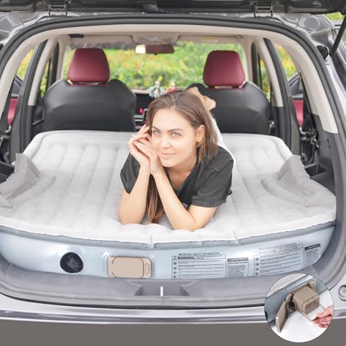 KMZ SUV Luftmatratze mit eingebauter elektrischer Pumpe - Verdickte und geflockte Auto-Bettmatratze für Reisen und Camping - 300 kg Tragfähigkeit - Grau