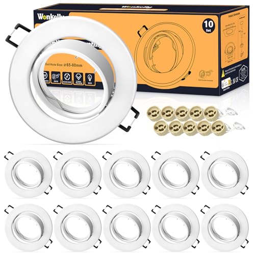 LED Einbaustrahler GU10 Set, (inkl. GU10 Fassung), LED Spots 230V, Lochdurchmesser 68mm, Einbaurahmen In Rund, Weiß Matt, 30° Schwenkbar, Einbauspots aus Metall, für Einbaubeleuchtung（10 Stück）