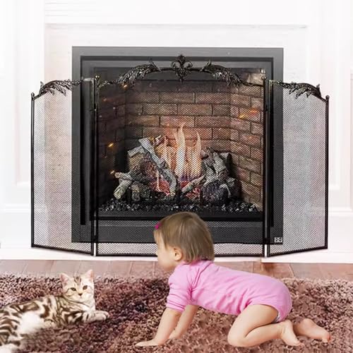 Kaminschutzgitter Antikes Schwarzes Kupfer Sicherheits-Brandschutzvorrichtungen und -schirme, Drinnen Draußen Elegante Kaminabdeckung, Dekorativer Klappbarer Flammenschutz für Kohle- und Holzfeuer ( C