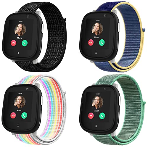 Snyeest 4-Stück Nylon Armbänder kompatibel mit Xplora X6 Armband, Kids Smartwatch Klettverschluss Mädchen Jungen Verstellbare Ersatz Bänder für X6 Play,Schwarz+Eisblau+Regenbogen+Grün