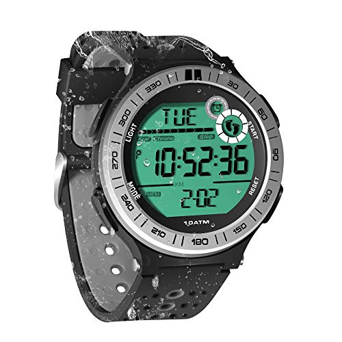 Pedometer Armbanduhr für Herren, Tauchuhr, 10 ATM, wasserdicht, mit Tour-Stoppuhr-Funktion und Wecker, 12/24-Stunden-Format wählbar