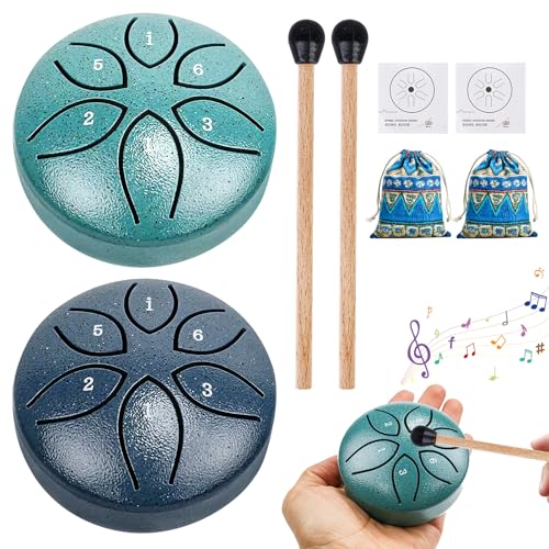 Steel Tongue Drum, 2 Stück Stahlzungentrommel 3 Zoll 6 Töne, Regentrommel, Zungentrommel Schlagzeug Instrument mit Stofftasche Schlägel Musikbuch, Mini Pan Drum für Klangheilung Meditation Yoga