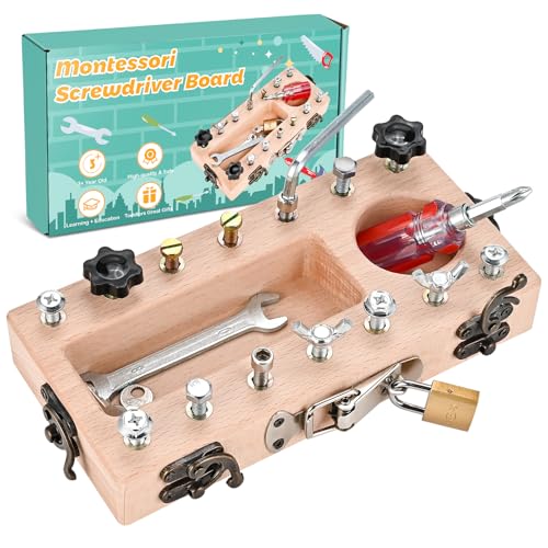 Wooderma Montessori Spielzeug ab 3 4 5 Jahre, Holz Schraubbrett, Busy Board Holzspielzeug, Schraubendreher Brett, Lernspielzeug, Kinderspielzeug, Motorikspielzeug, Geschenk für Mädchen Jungen