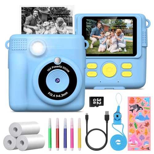 Kinderkamera Sofortbildkamera, GREENKINDER 1080P 2,4 Zoll Bildschirm Sofortbildkamera Kinder mit Druckpapier & 32GB Karte, Digitalkamera Kinder mit Farbigen Stiften Geschenk für Kinder 3-12 Jahre