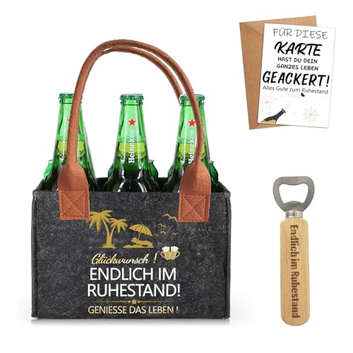Geschenk für Rentner, Hochwertige Filz-Biertasche für 6 Flaschen mit Flaschenöffner & Grußkarte – Ideales Ruhestand Geschenk für Männer, Frauen, Freunde, Kollegen