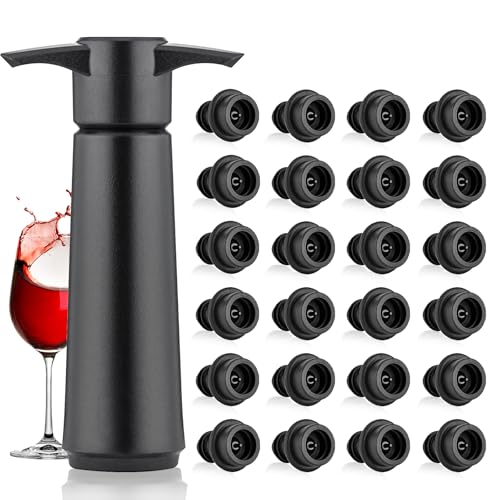 Weinverschluss Vakuum mit 24 Stopfen, Wiederverwendbarer Weinflaschenverschluss 1 Weinpumpe 24 Vakuum Stopfen, Weinpumpe Hält Wein Frisch, Schwarz