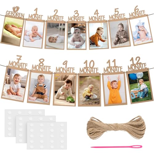 Kisvic Deko Baby 1 Jahr Geburtstag, Deko 1. Geburtstag Junge Mädchen, Foto Banner Kraftpapier Kinder Monatlich Bild Prop für Party