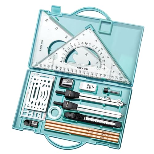 Zeichenset – Set mit Linealen und Zirkeln aus Metall mit Etui | Komplettes Zeichenset mit Dreieckslineal für präzise Messungen, Zeichenbedarf und professionelle Werkzeuge