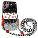 Rnrieyta Miagon Handykette Hüll für Samsung Galaxy S22 Ultra Glitzer Durchsichtig Case mit Universal Blume Telefon Clip Kordel zum Umhängen Handyanhänger Halsband Lanyard