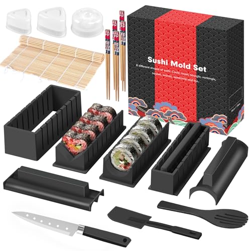 SKYSER Sushi Maker set, 20 Artikel Kit für Anfänger zum selber machen, Kann als Sushiteller verwendet werden mit Reis Roll Formen, Gabel, Messer, Rolling Matte, Stäbchen, Komplett(Schwarz)