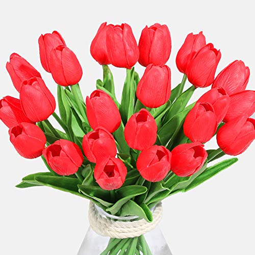 Veryhome Künstliche Blumen Gefälschte Blume Tulpe Latex Material Real Touch für Hochzeitszimmer Home Hotel Party Dekoration und DIY Decor ( Rot - 20Stück )