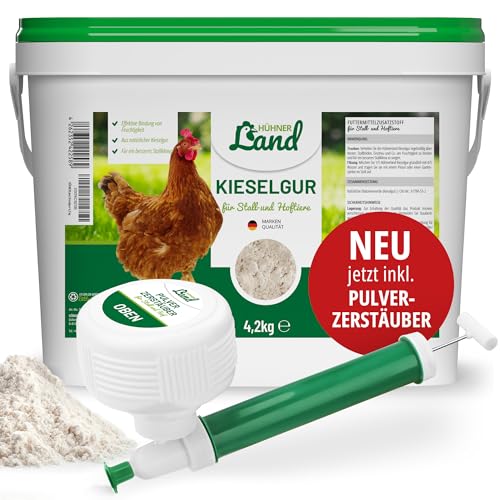 HÜHNER Land Kieselgur für Hühner 4,2kg INKLUSIVE Profi Zerstäuber - Reines Kieselgur Hühner Pulver, Kieselerde Pulver, Naturprodukt für Hühnerstall, Laborgeprüft für Geflügel Betriebe