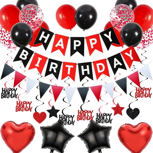 Deko Geburtstag Ballons Girlande Set - 61 Stück Geburtstagsdeko mit Happy Birthday Banner Luftballons Hängende Wirbel, Geburtstags Party Dekoration für Frauen Mann (Schwarz Rot)