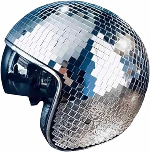 Generisch Disco Hut, Disco-Spiegel-Glitzerball-Helme Mit Einziehbarem Visier, Silberfarbener Glitzer-Spiegelglas-Diskokugel-Huthelm DJ Club Bühne Bar Party Hochzeit (Silber)