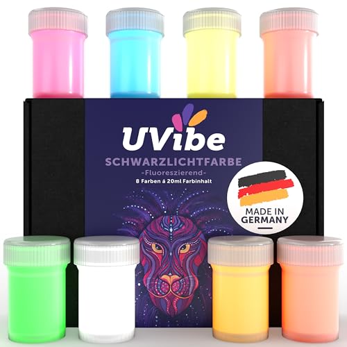 UVIBE Fluoreszierende Schwarzlicht Farbe - 8X Knallige Neon Farbe für Wände, Kunst und weiteres - Tag und UV Leuchtfarbe - UV Farbe für leuchtende Deko - Fluoreszierende Farbe Made IN Germany
