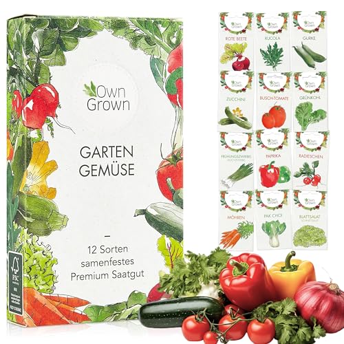 OwnGrown Gemüse Samen Set - 12 Pflanzensamen Sorten für Hochbeet und Garten - Praktische Box mit Gemüsesamen für den Anbau Frischer Ernte zu Hause - Ideal für Gartenliebhaber