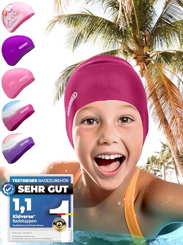 KIDVERSE Badekappe Mädchen - wasserdichte Badekappe Kinder mit Anti-Rutsch-Noppen - Badehaube Kinder - UV Schutz Schwimmhaube Kinder 100% reißfest - Schwimmkappe Kinder