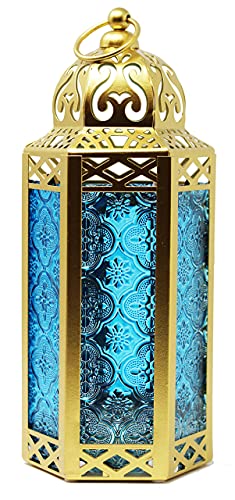 Goldene marokkanische Kerzenlaterne, dekorative Kerzenhalterlampe für Tisch oder zum Aufhängen, Ramadan, Terrasse oder Veranda im Freien, Hochzeiten, blaues Glas, mittelgroß
