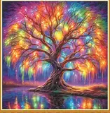 Meecaa Kreuzstich-Set, 11-fädig, geprägt, Baumsee-Lichter, Stickset mit Zubehör, vorgedruckt (36 x 36 cm) (Baum)