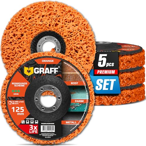Reinigungsscheiben 125mm für Winkelschleifer – CSD Scheibe 125 mm Grob für Metall, Edelstahl, Stahl, Farbe – Orange Grobschleifscheiben, Gewebescheibe und Rostenferner für Flex 5 Stück GRAFF