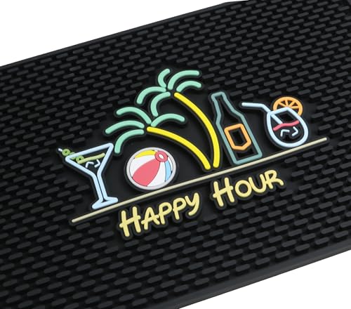 Tiki Bar Decor Happy Hour Matte 45,7 x 30,5 cm, Tiki Barmatten für Arbeitsplatte mit Martini, Strandball, Palmen, Bierflasche und Cocktail-Design – Outdoor-Tiki-Barmatte, Tiki-Dekor-Barmatten für