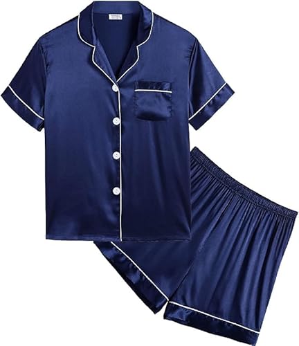 SWOMOG Seiden Pyjama für Kleinkinder Mädchen und Jungen kurz Selleve Button Down Schlafanzüge Nachtwäsche Kurzärmliges Oberteil mit Kragen & Knopfleiste