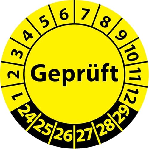 Prüfplakette Geprüft, Vinylfolie, selbstklebend, Prüfaufkleber, Prüfetikett, Plakette (20 mm Ø, Gelb, 100)