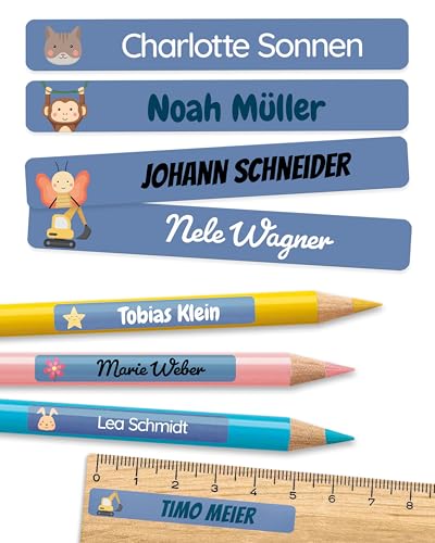 melu kids® Namensaufkleber Kinder für Schule & Kita (75 Stück) - Personalisierte Aufkleber mit Namen für Stifte und alle Schulsachen - Wasserfest in Spülmaschine (Dunkelblau)