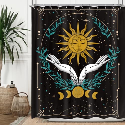 Omifly Tarot Hexe Hand Duschvorhang 152 x 183 cm Gothic Sonne Mond Phase Sternenhimmel Geheimnisvolle Blätter Schwarz Gothic Retro für Männer Frauen mit 12 Kunststoffhaken Stoff Wasserdicht