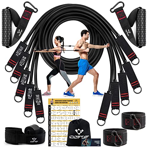 Resistance Bands Widerstandsbänder Set, 5 Fitnessbänder Expander Tube Bands, Fitnessband mit Großem Griff Knöchelriemen Türankerbefestigung Tragtasche, Ideal für Pilates Krafttraining Physiotherapie