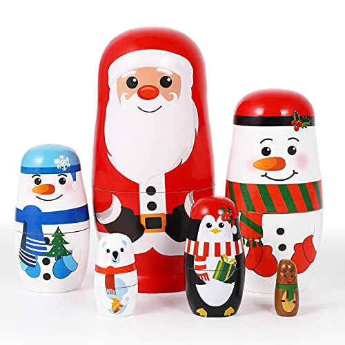 EXCEART Weihnachten Aus Holz Stapel Puppe Weihnachten Russische Matryoshka Puppe Weihnachten Holz Nested Puppe mit Santa Claus Elch Schneemann Eisbär Pinguin für Kinder Geburtstag