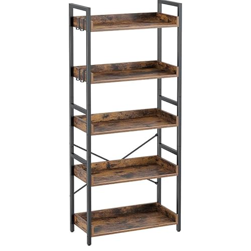 Rolanstar Bücherregal mit 5 Ebenen & 4 Haken, Holzregal mit Kantenschutz & offenes Regal, Standregal im Industriestil für Wohnzimmer, Schlafzimmer, Büro, 30 x 60 x 144cm